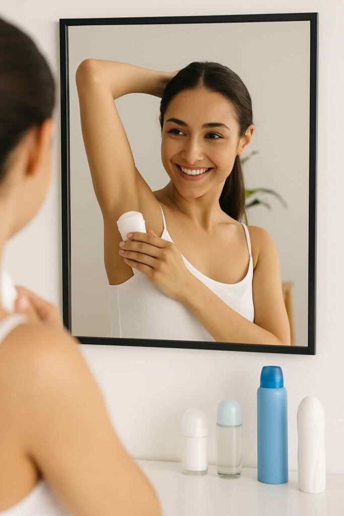 mujer aplicando desodorante