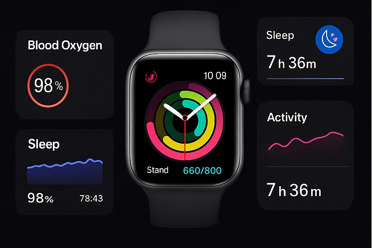 Smartwatch mostrando estadisticas de salud y pasos