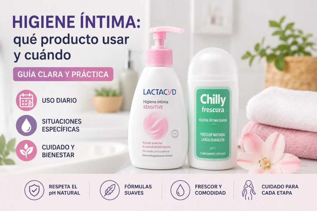 Descubre qué productos de higiene íntima usar según cada situación. Guía práctica con Lactacyd, Chilly y consejos para el cuidado diario.