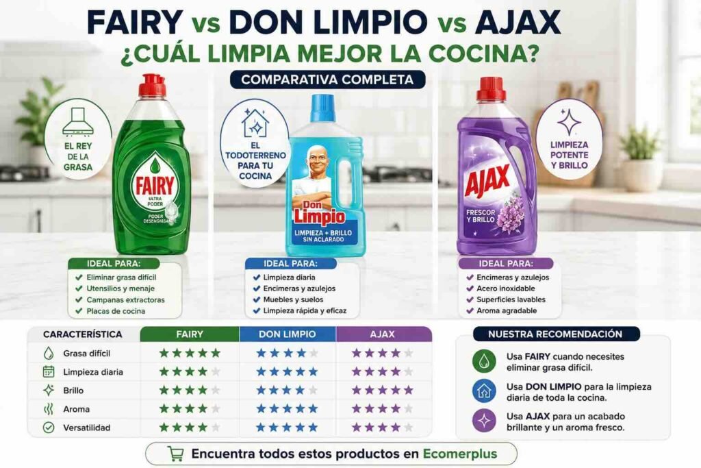 ¿Fairy, Don Limpio o Ajax? Comparamos cuál limpia mejor la cocina, qué producto elegir según cada necesidad y qué superficies limpia mejor cada uno.